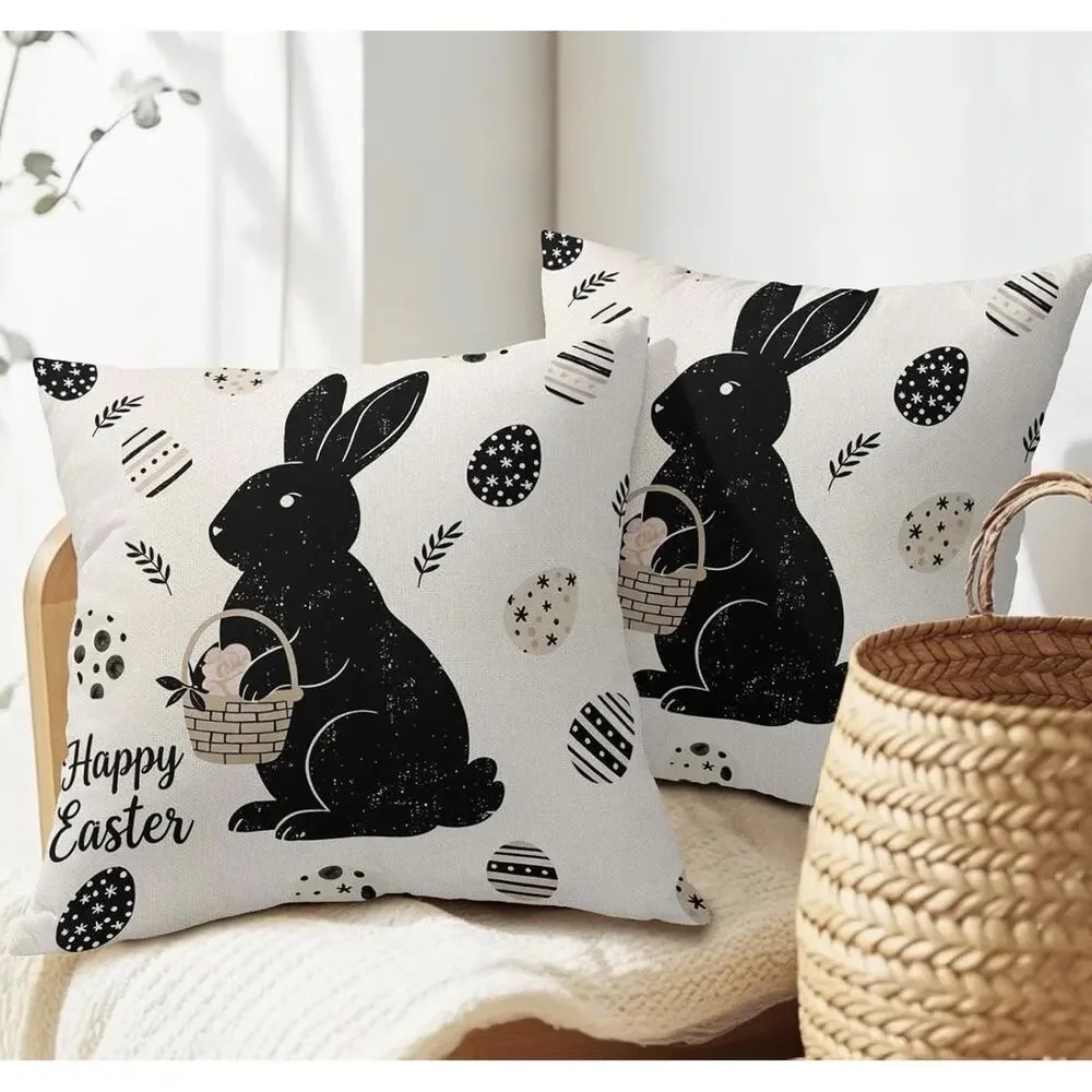 Happy Easter Bunny Pillow Covers 18X18 Inch Linen Black White 2 Pc